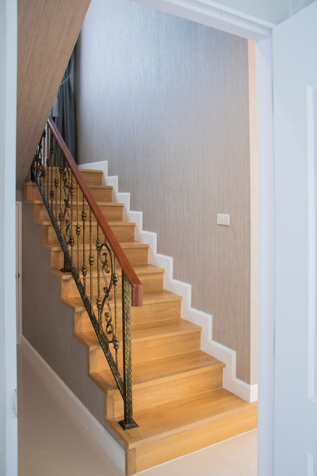 Slatted timber corridor